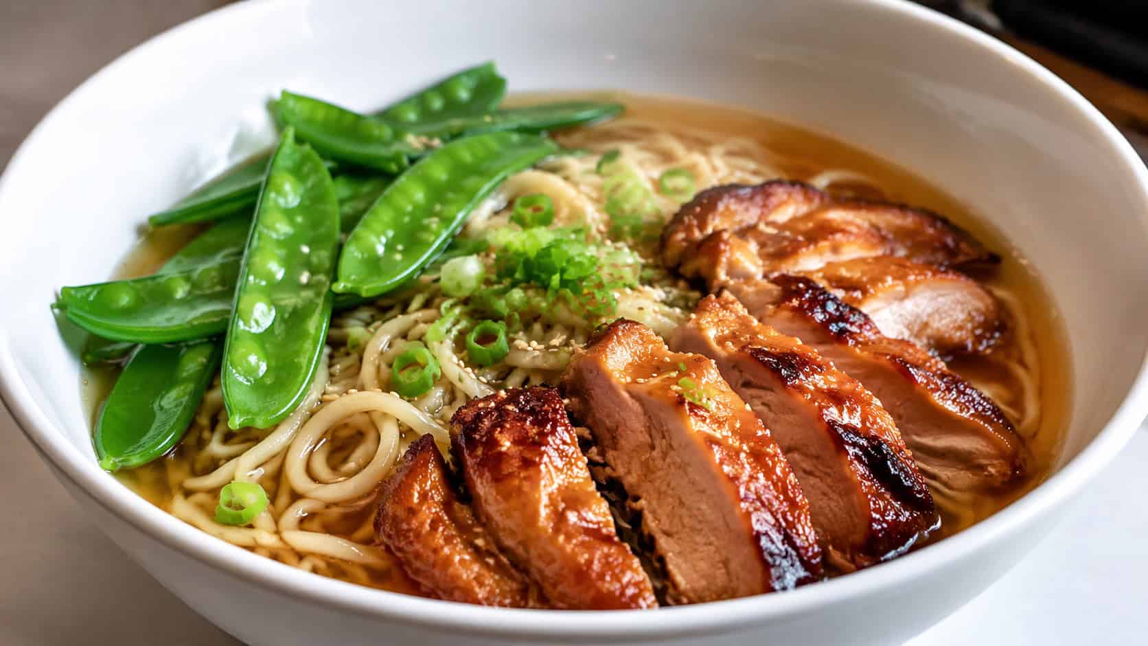 a wide bowl of honey soy ramen with glazed chicken, noodles, bright snow peas and a light broth, on a clean white plate, natural light, shallow depth of field, landscape orientation