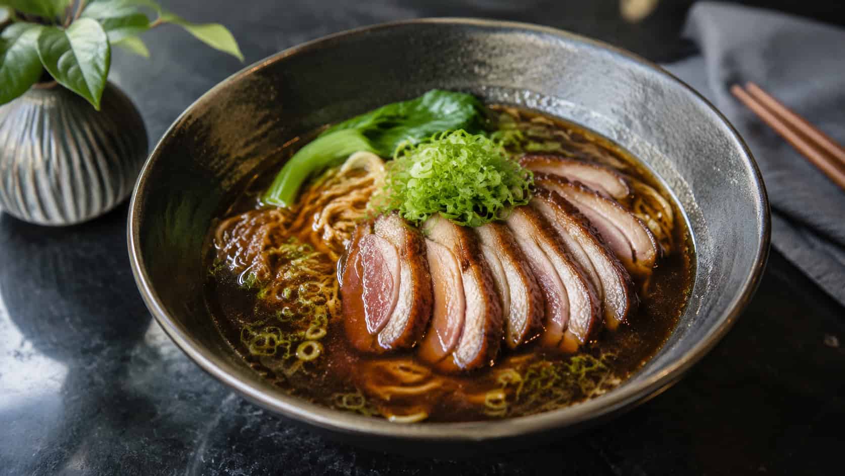 a wide bowl of hoisin duck ramen with deep brown broth, fanned slices of glazed duck breast, noodles and green onion, on a dark elegant table, natural light, shallow depth of field, landscape orientation