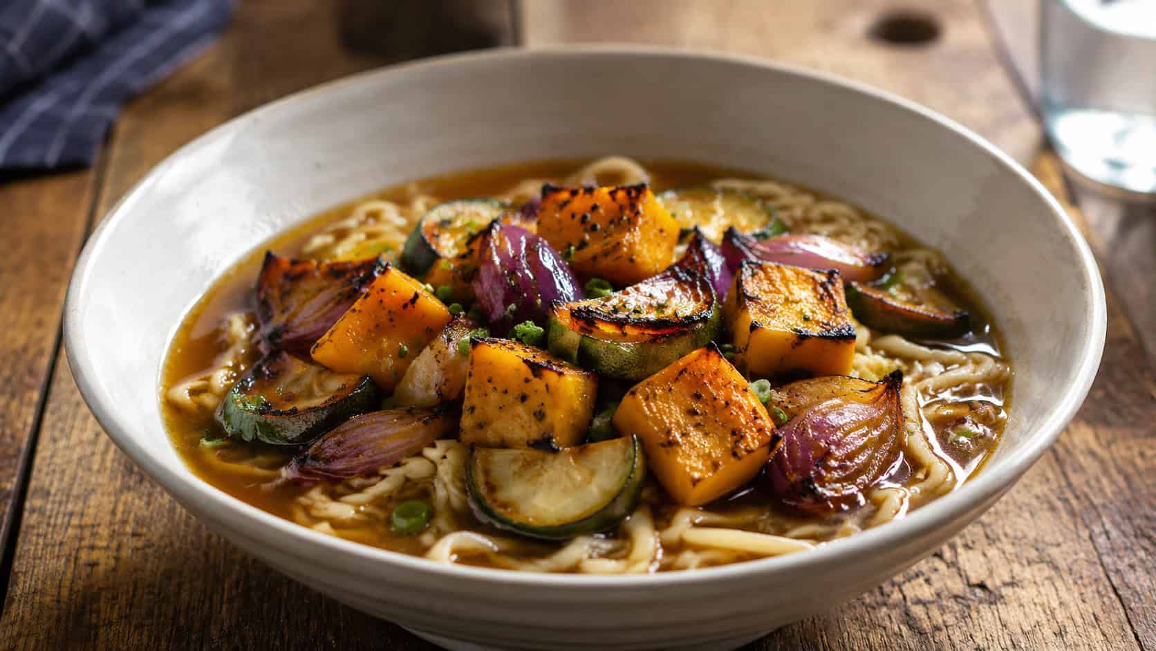 a wide bowl of ramen topped with caramelized roasted butternut squash, zucchini and red onion over noodles in a savory broth, on a rustic table, natural light, shallow depth of field, landscape orientation