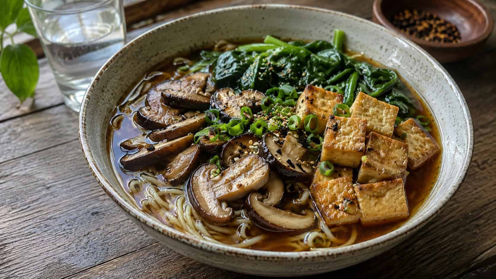 a wide cozy bowl of vegan mushroom ramen with dark earthy broth, sliced shiitake mushrooms, golden tofu cubes and wilted spinach over noodles, on a rustic table, natural light, shallow depth of field, landscape orientation