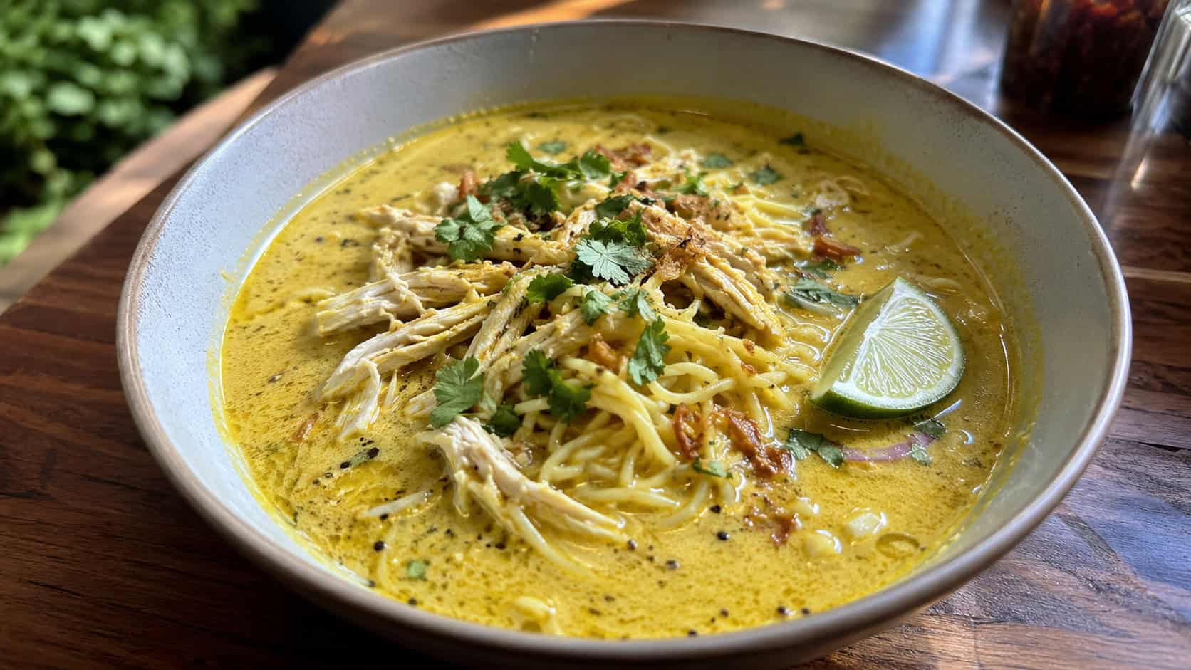 a wide bowl of golden chicken curry ramen with creamy yellow broth, shredded chicken, noodles and a lime wedge, on a wooden table, natural light, shallow depth of field, landscape orientation