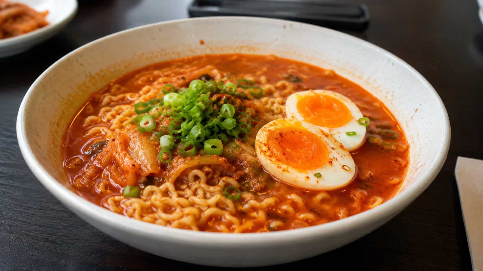 a wide bowl of red kimchi ramen with deep orange broth, noodles, chopped kimchi and a halved jammy soft-boiled egg on top, garnished with green onion, on a dark table, natural light, shallow depth of field, landscape orientation