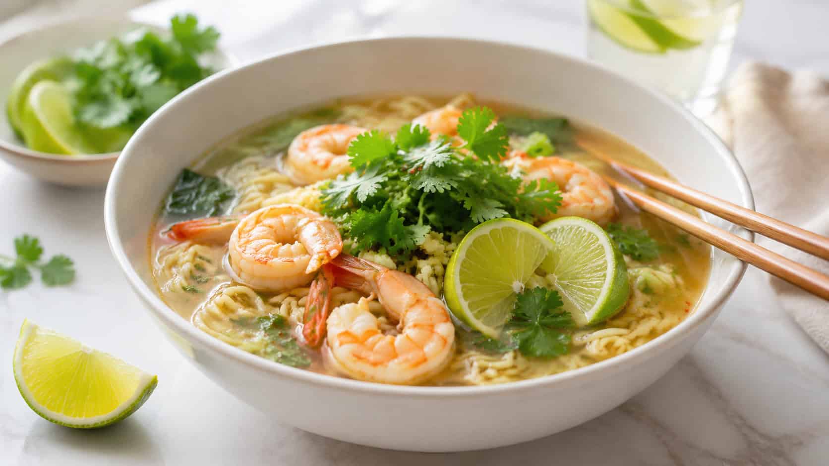 a wide bowl of clear ginger-lime ramen broth with noodles, plump shrimp, fresh cilantro and lime wedges, on a bright white table, natural light, shallow depth of field, landscape orientation