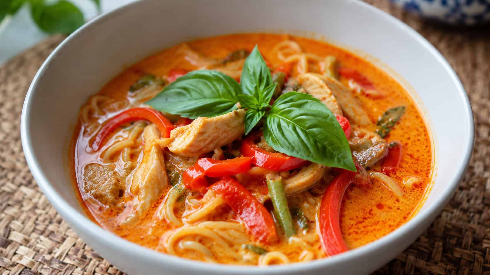 a wide bowl of Thai red curry ramen with creamy orange-red broth, noodles, sliced red peppers and fresh basil leaves, on a woven mat, natural light, shallow depth of field, landscape orientation
