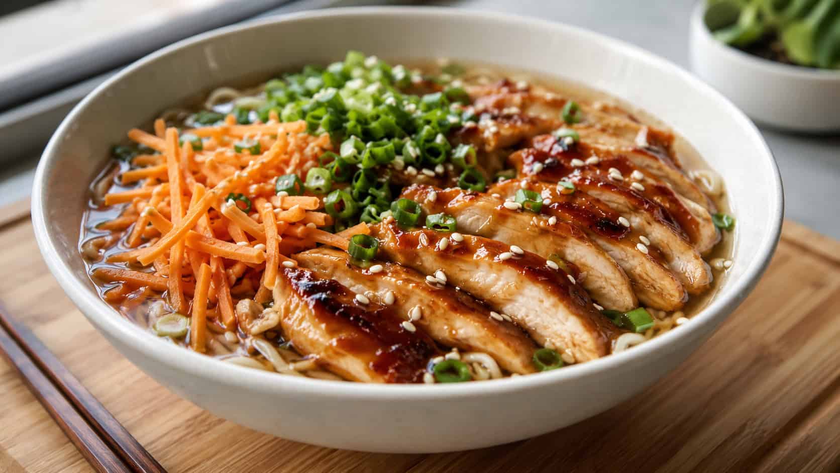 a wide bowl of teriyaki chicken ramen with glazed chicken slices, noodles, shredded carrots and sesame seeds in a light broth, on a bamboo board, natural light, shallow depth of field, landscape orientation