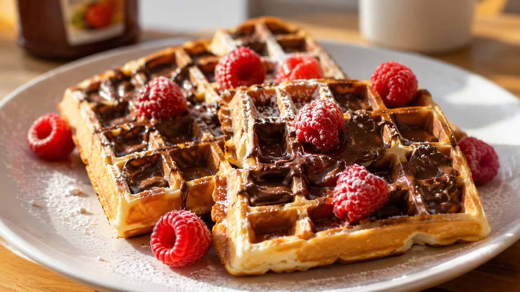 Nutella waffles on a plate in a wide horizontal shot, golden crisp squares with chocolate hazelnut pooling in the pockets, fresh raspberries and a dusting of sugar, bright morning light, shallow depth of field, landscape orientation