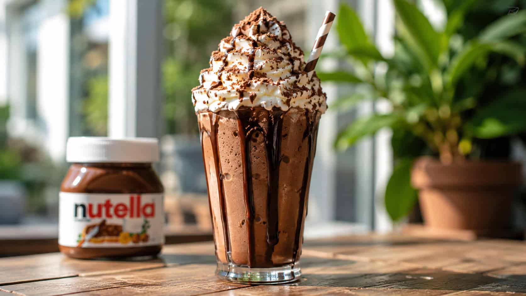 a Nutella milkshake in a tall glass in a wide horizontal shot, thick chocolate shake with towering whipped cream, chocolate shavings and a striped straw, Nutella drizzle down the glass, bright natural light, shallow depth of field, landscape orientation