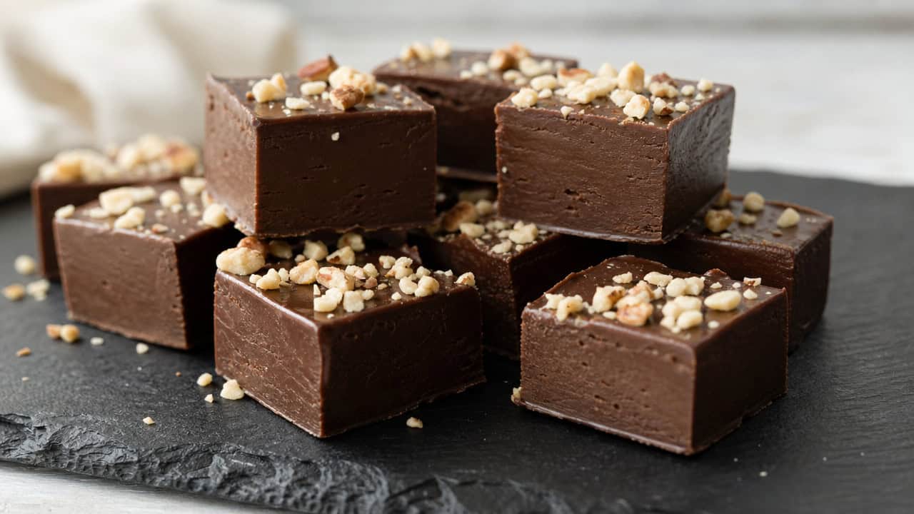 Nutella fudge squares stacked on a slate board in a wide horizontal shot, glossy dark chocolate cubes topped with chopped hazelnuts, soft natural light, shallow depth of field, landscape orientation
