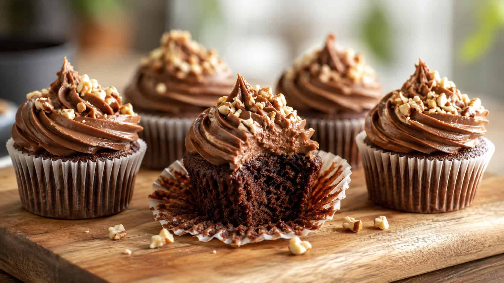 Nutella cupcakes on a wooden board in a wide horizontal shot, swirled chocolate hazelnut frosting peaks, a sprinkle of crushed hazelnuts, one unwrapped showing the moist crumb, warm natural light, shallow depth of field, landscape orientation