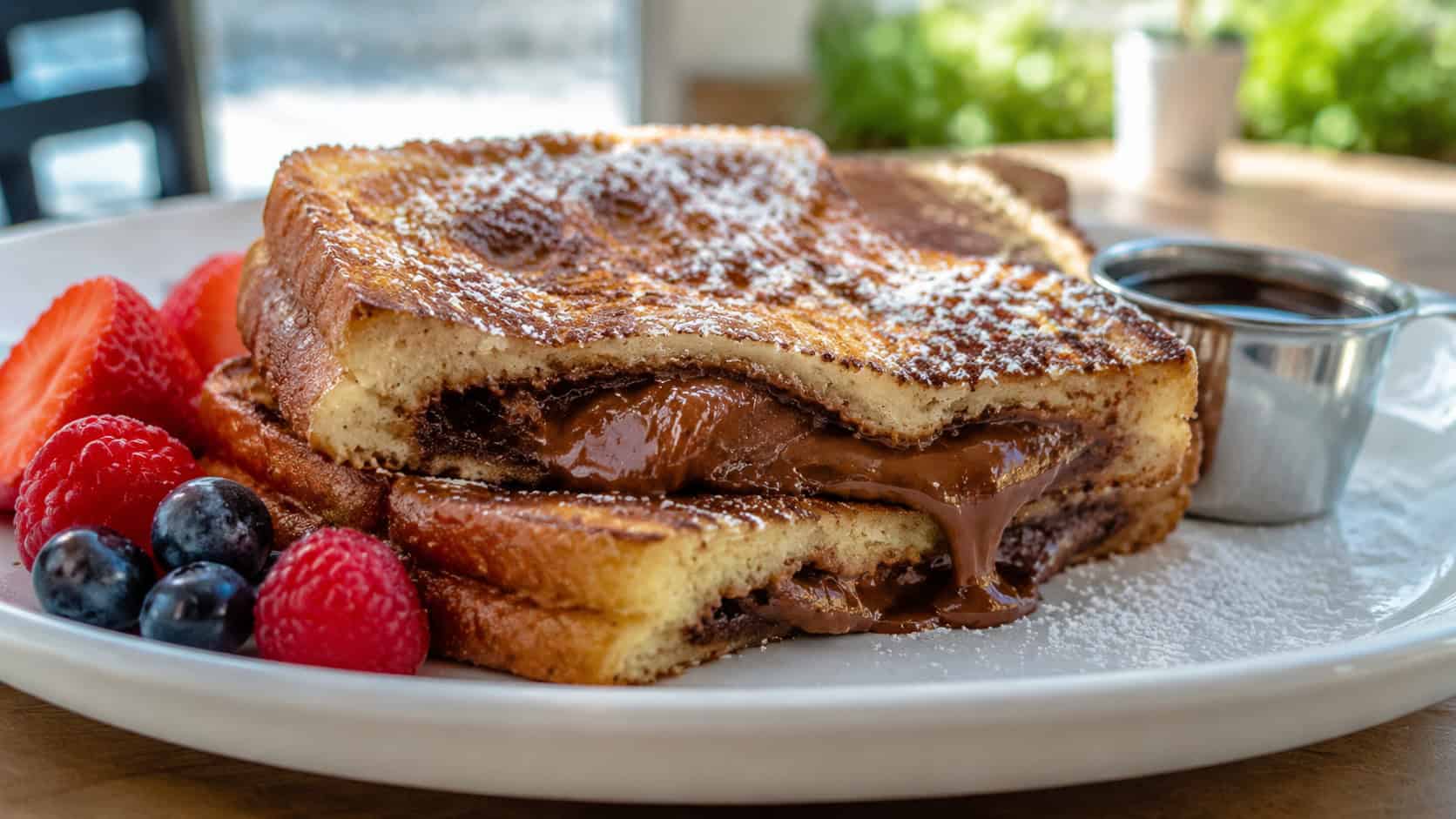 Nutella stuffed French toast on a plate in a wide horizontal shot, golden griddled bread with oozing chocolate hazelnut center, dusting of powdered sugar, fresh berries and maple syrup nearby, bright morning light, shallow depth of field, landscape orientation