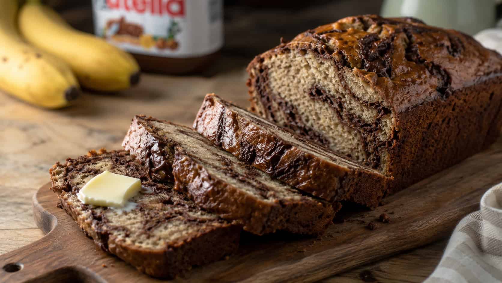 a sliced Nutella banana bread loaf on a cutting board in a wide horizontal shot, dark chocolate swirls visible in the crumb, a pat of butter melting on one slice, rustic kitchen surface, warm natural light, shallow depth of field, landscape orientation