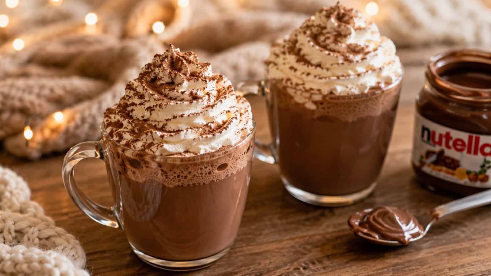 two mugs of Nutella hot chocolate on a wooden table in a wide horizontal shot, towering whipped cream and a dusting of cocoa, cozy blanket and twinkle lights blurred behind, warm natural light, shallow depth of field, landscape orientation