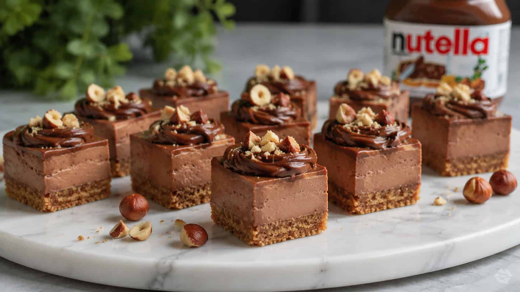 Nutella cheesecake bites arranged on a marble board in a wide horizontal shot, creamy chocolate squares on golden crust, swirls of Nutella and hazelnuts on top, soft natural light, shallow depth of field, landscape orientation