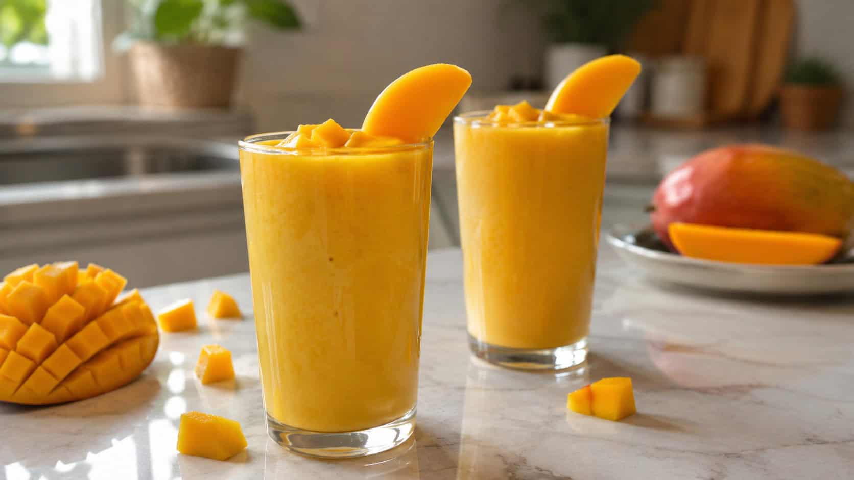 two glasses of thick golden-orange mango smoothie with a fresh mango slice on the rim, shown in a wide horizontal shot on a bright counter with scattered mango chunks, natural light, shallow depth of field, landscape orientation