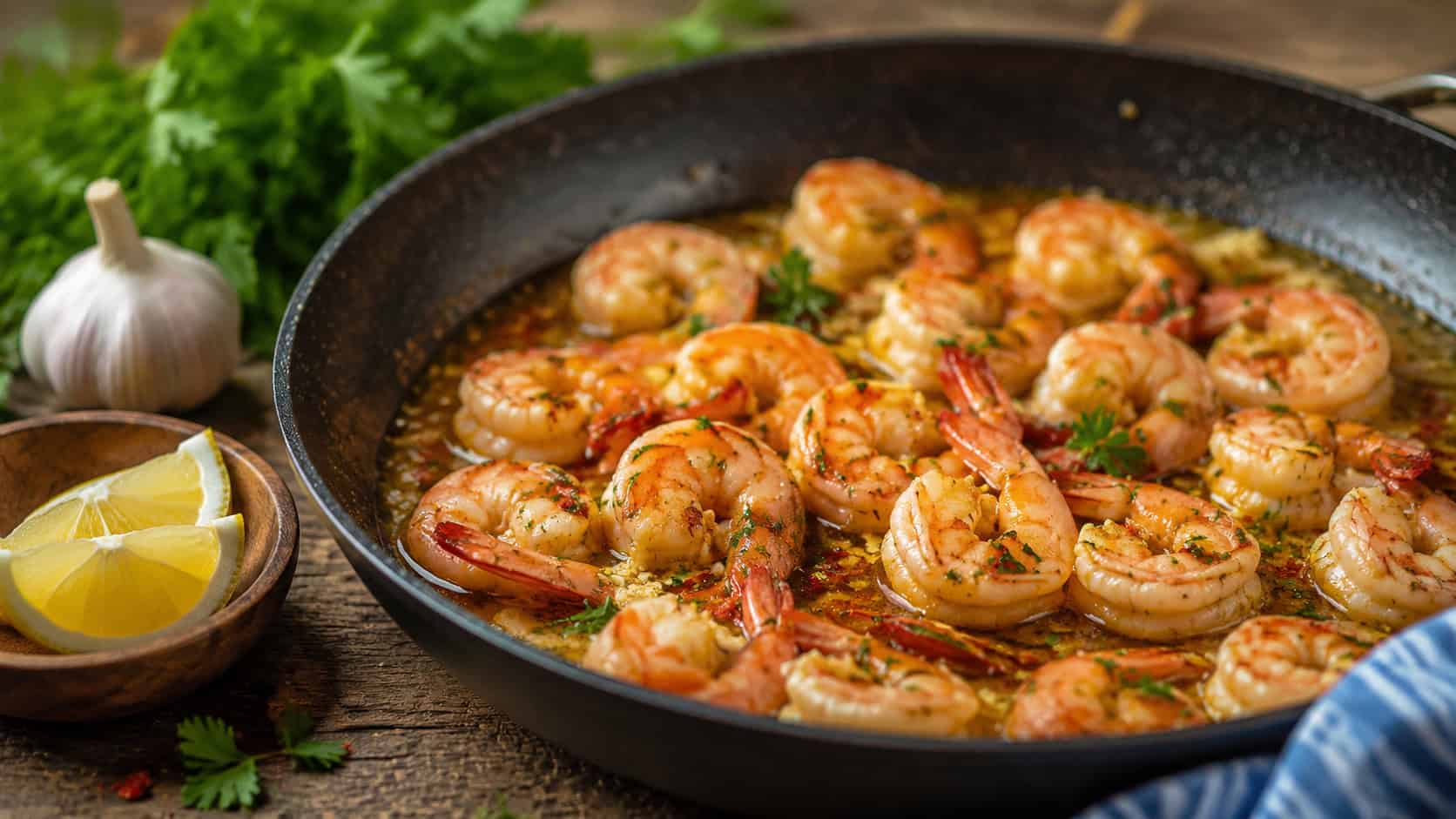 pink garlic butter shrimp glistening in a skillet with a buttery sauce, shown in a wide horizontal shot on a rustic table with lemon wedges and parsley nearby, natural light, shallow depth of field, landscape orientation