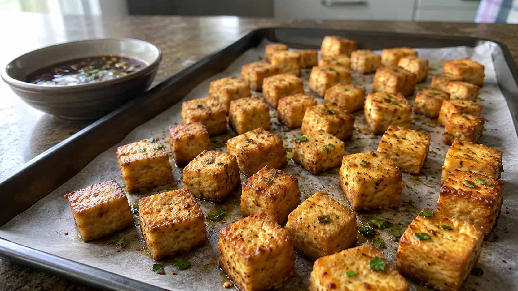 golden crispy baked tofu cubes on a parchment-lined sheet, shown in a wide horizontal shot on a kitchen counter with a small bowl of dipping sauce nearby, natural light, shallow depth of field, landscape orientation