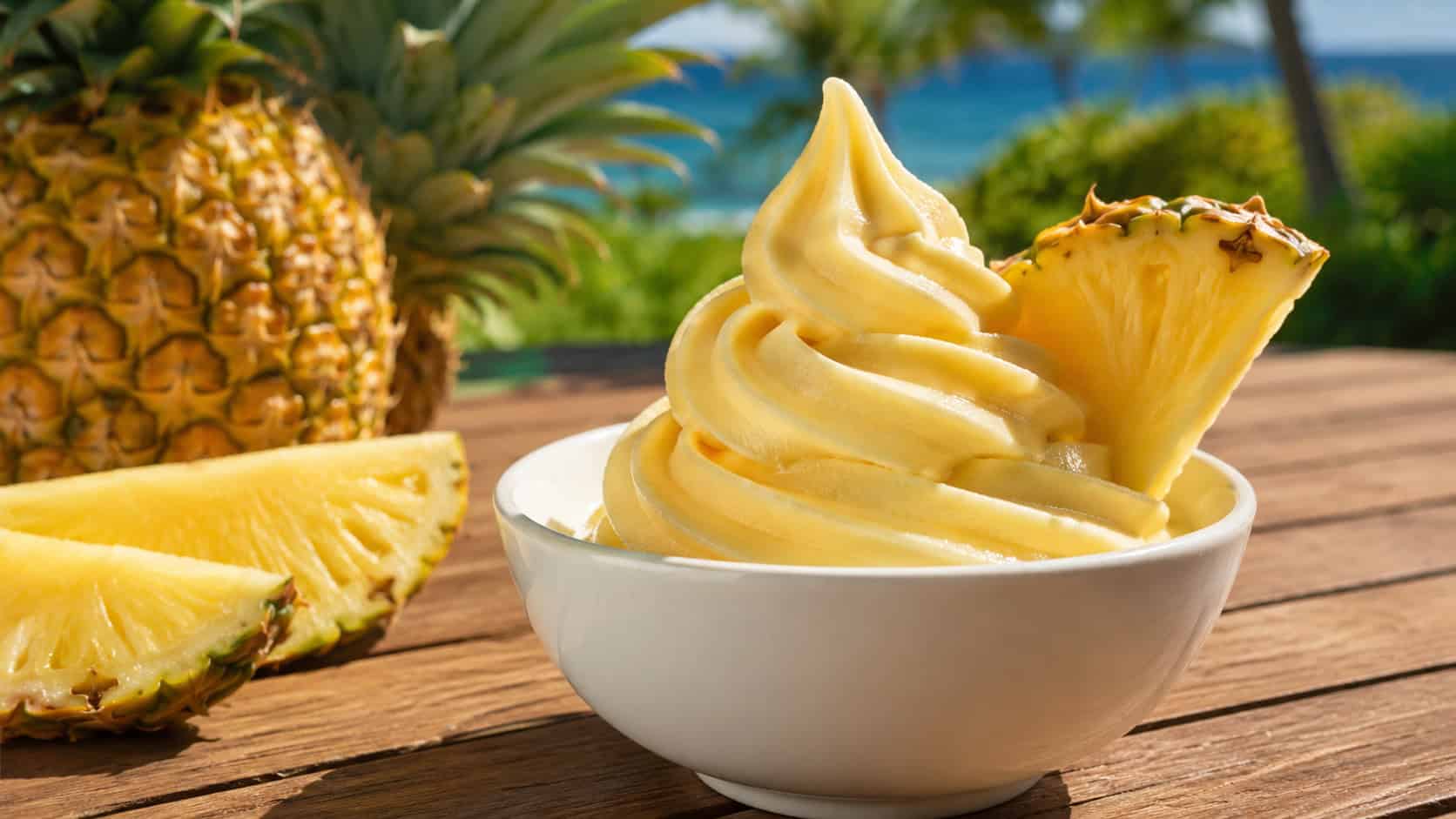swirls of creamy yellow pineapple soft serve in a bowl topped with a pineapple wedge, shown in a wide horizontal shot on a sunny table with fresh pineapple nearby, natural light, shallow depth of field, landscape orientation