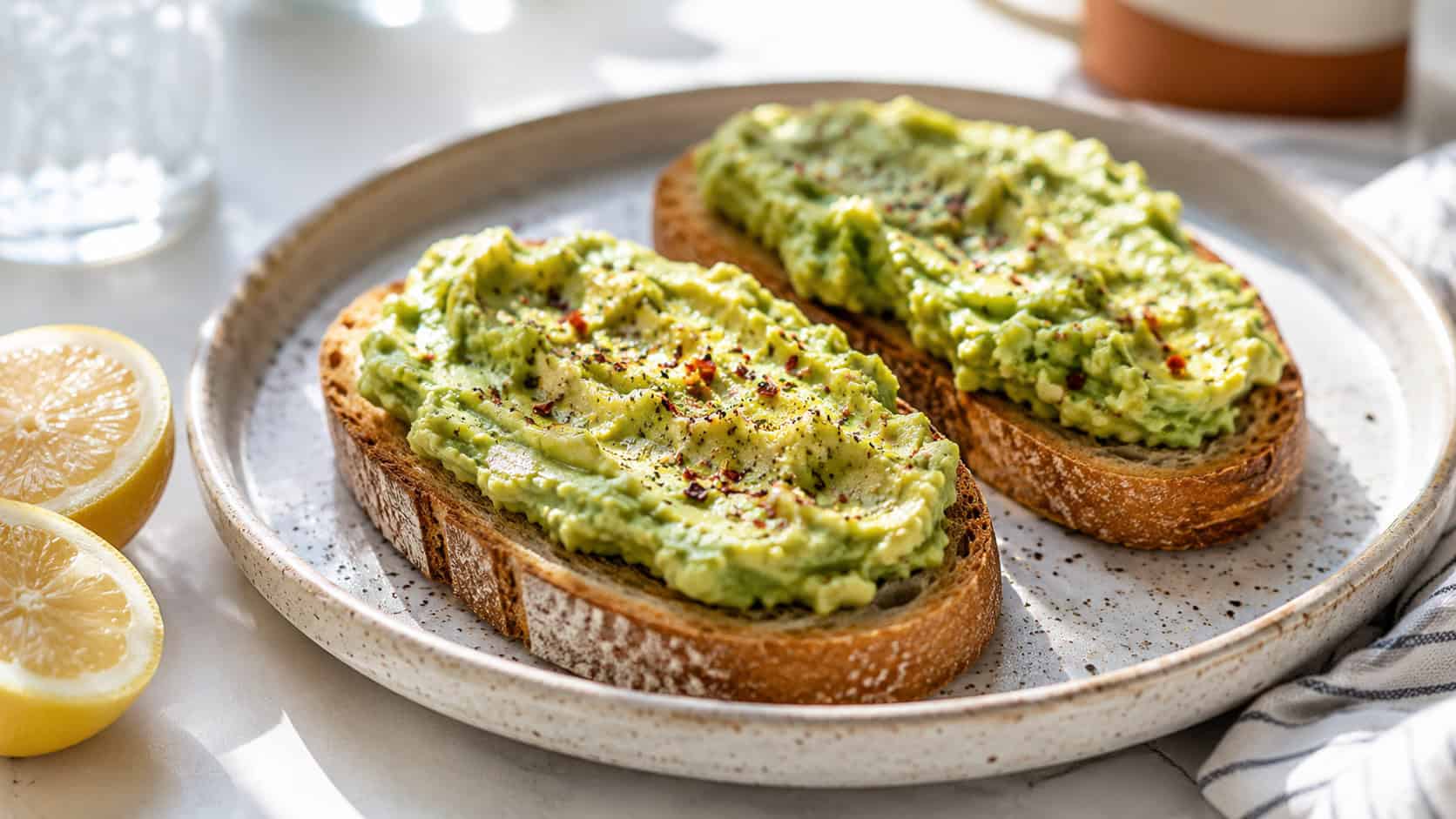two slices of avocado toast with creamy mashed avocado and a sprinkle of seasoning, shown in a wide horizontal shot on a ceramic plate over a bright table with lemon halves nearby, natural light, shallow depth of field, landscape orientation