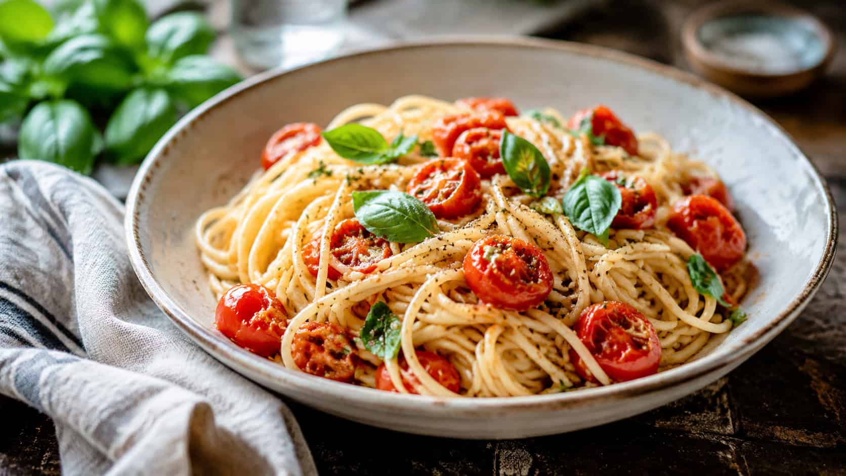 a bowl of spaghetti tossed with burst cherry tomatoes and fresh basil leaves, shown in a wide horizontal shot on a rustic table with a linen napkin nearby, natural light, shallow depth of field, landscape orientation