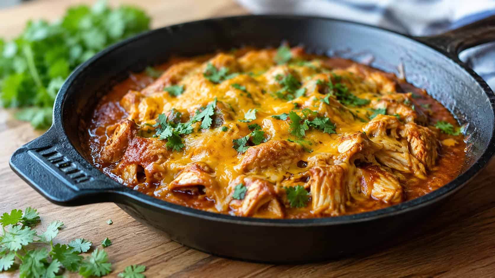 saucy salsa chicken topped with melted cheddar in a cast iron skillet, shown in a wide horizontal shot on a wooden countertop with cilantro scattered nearby, natural light, shallow depth of field, landscape orientation