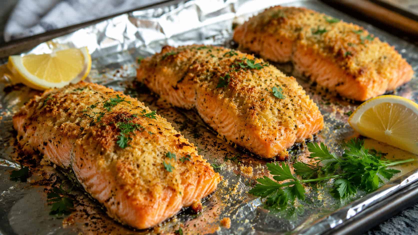 baked salmon fillets with a golden parmesan crust on a foil-lined sheet, shown in a wide horizontal shot with lemon wedges and parsley nearby, natural light, shallow depth of field, landscape orientation