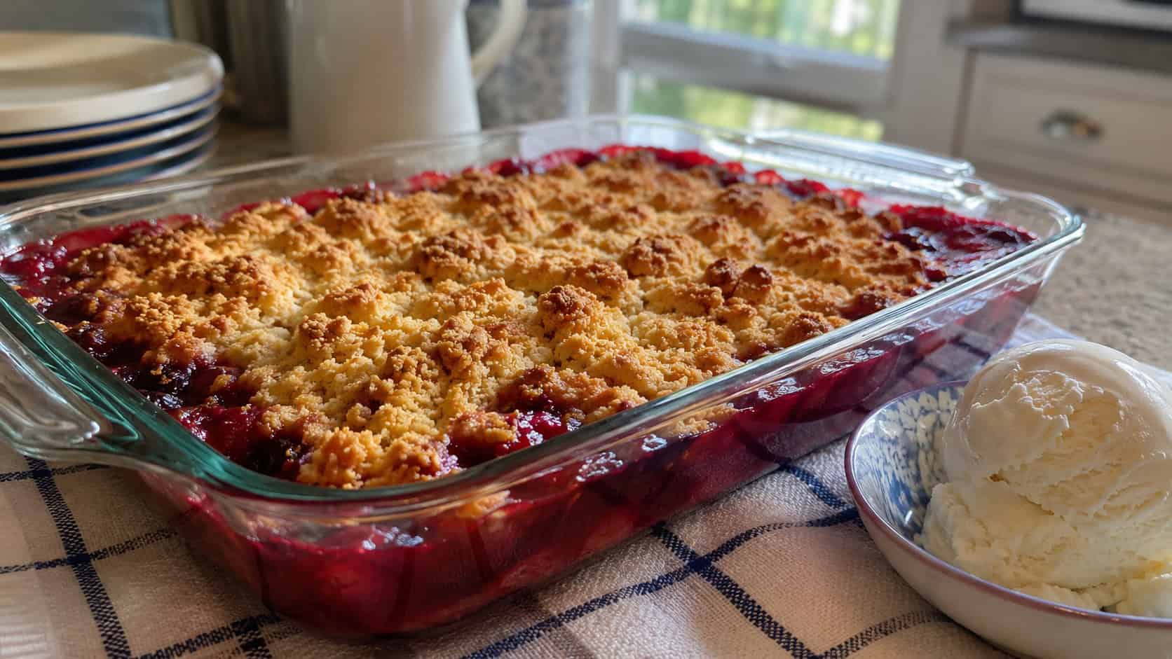 a bubbling cherry dump cake with a golden crumbly top in a glass baking dish, shown in a wide horizontal shot on a kitchen towel with a scoop of vanilla ice cream beside it, natural light, shallow depth of field, landscape orientation