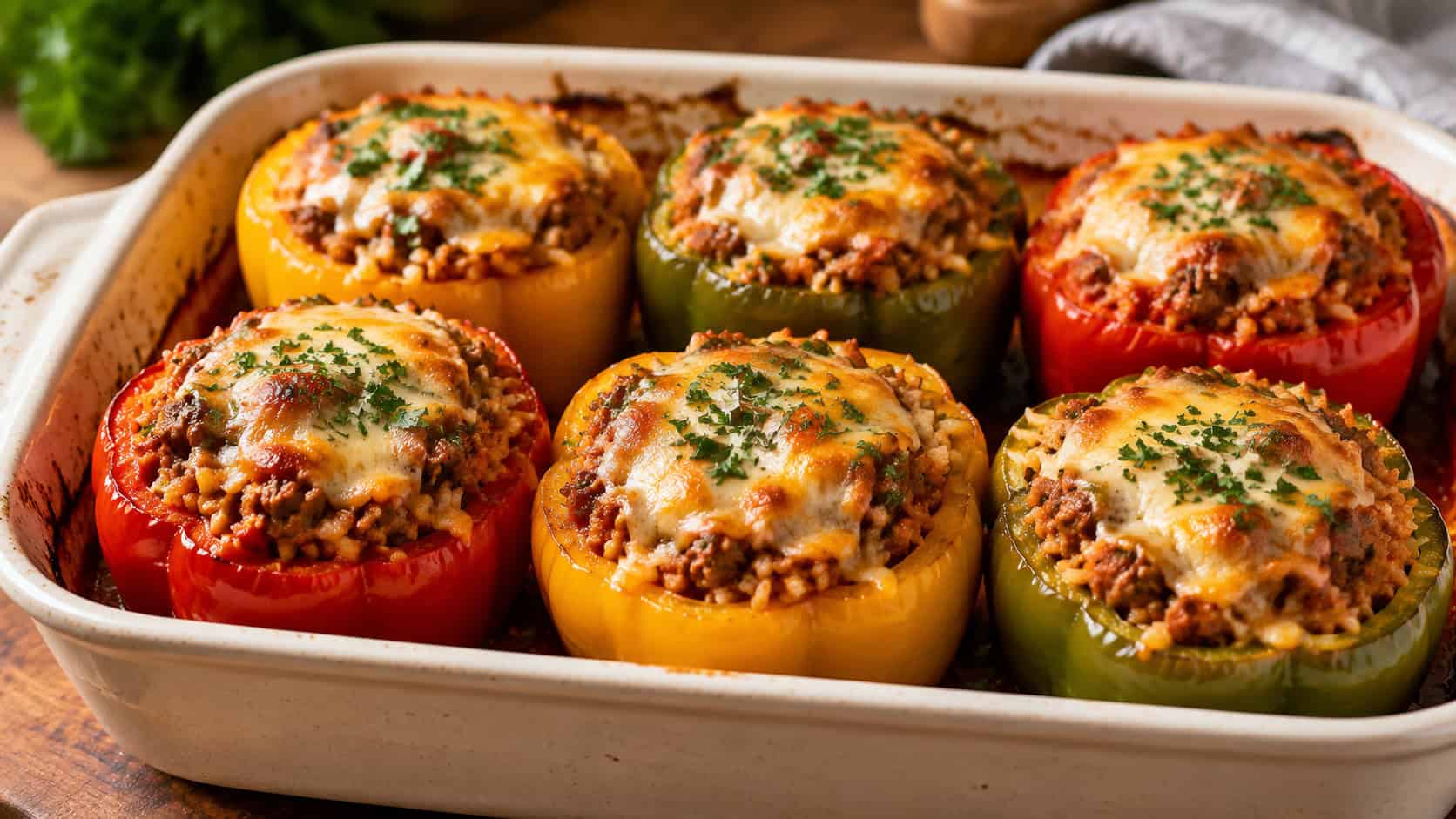 a wide baking dish of stuffed bell peppers in red, yellow, and green, filled with beefy rice and topped with melted golden cheese, fresh herbs sprinkled over, on a rustic counter, natural light, shallow depth of field, landscape orientation