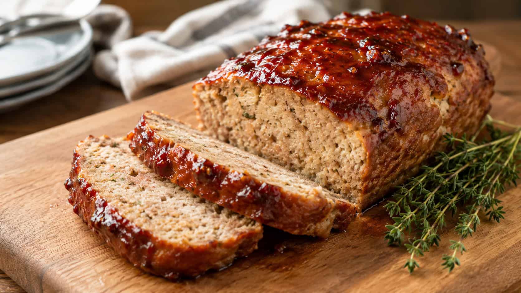 a sliced turkey meatloaf with a glossy caramelized glaze on a wide wooden cutting board, two slices fanned out showing the tender interior, fresh thyme beside it, warm natural light, shallow depth of field, landscape orientation