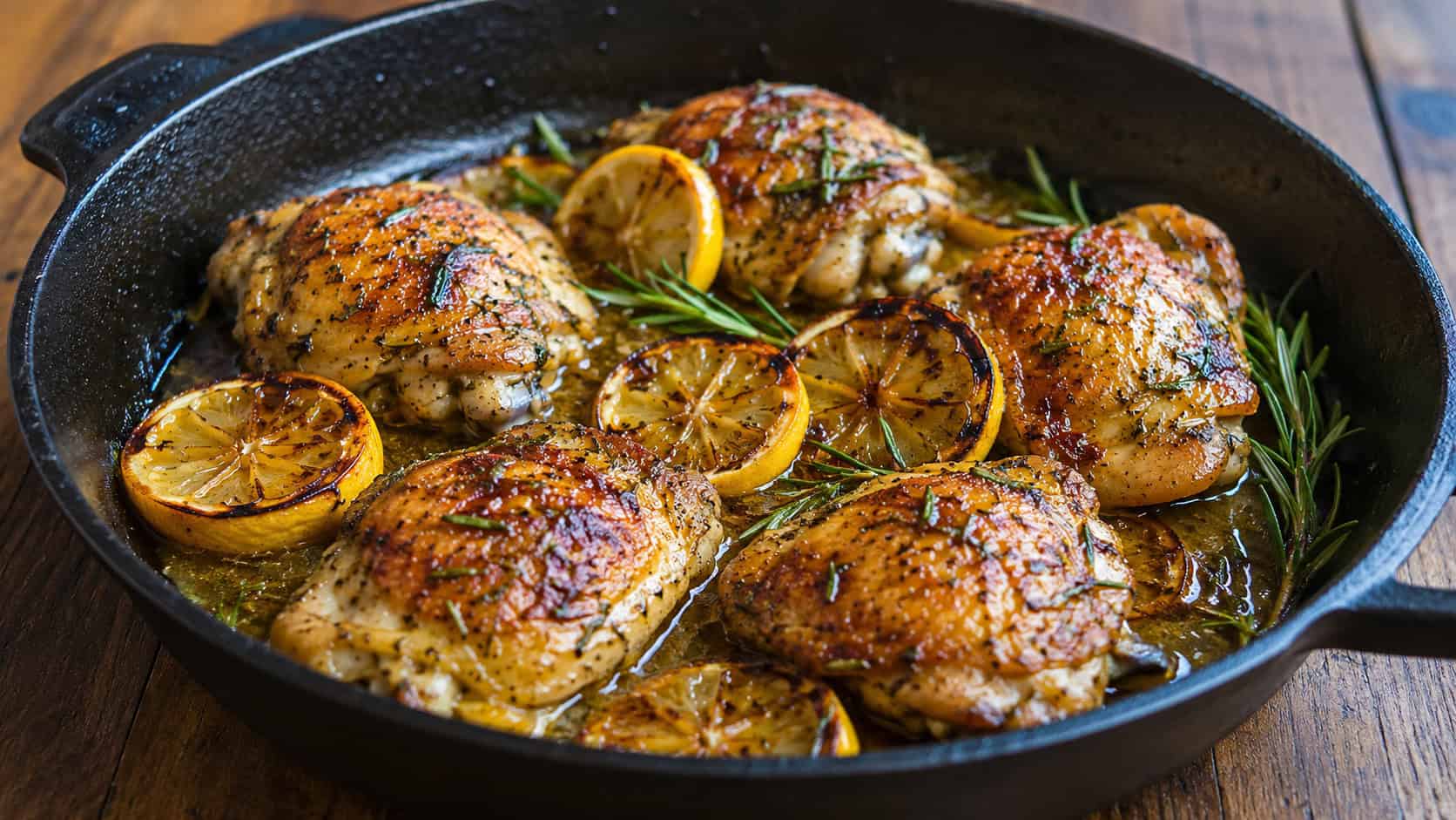 a wide cast-iron skillet of golden lemon rosemary chicken thighs with caramelized lemon slices, fresh rosemary sprigs, and glossy pan juices, on a wooden table, warm natural light, shallow depth of field, landscape orientation