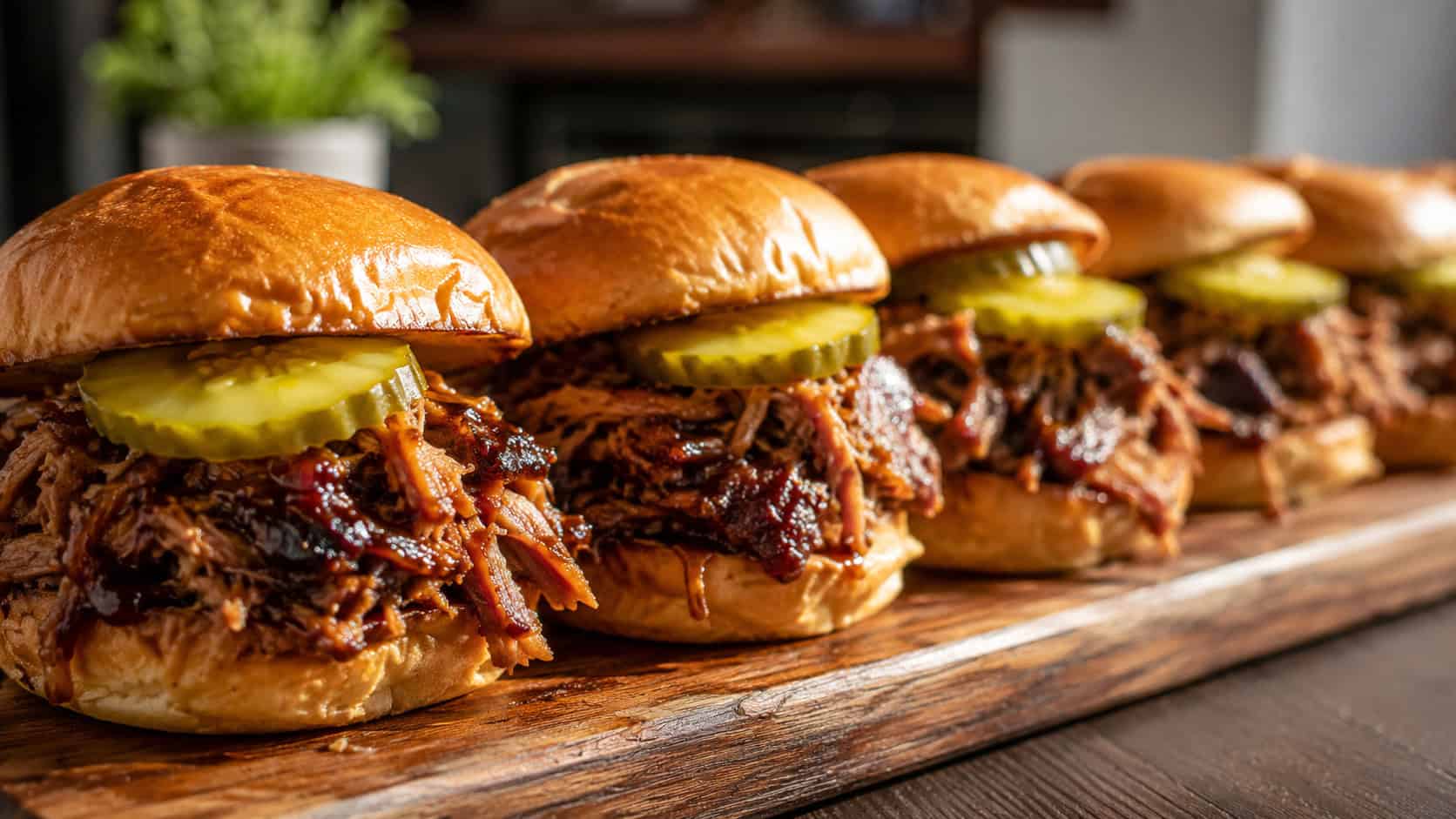 a wide platter of pulled pork sliders on soft buns piled high with saucy shredded pork, a row of them lined up with pickle chips, on a wooden board, warm natural light, shallow depth of field, landscape orientation