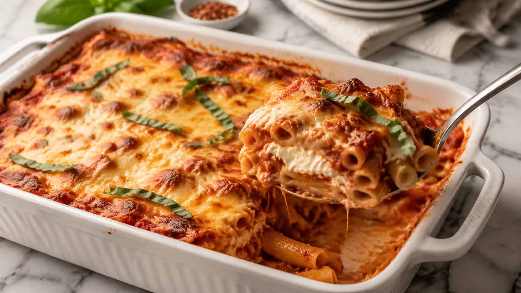 a wide baking dish of baked ziti with golden bubbly cheese and a scoop lifted out showing layers of saucy pasta and ricotta, fresh basil on top, on a marble counter, soft natural light, shallow depth of field, landscape orientation