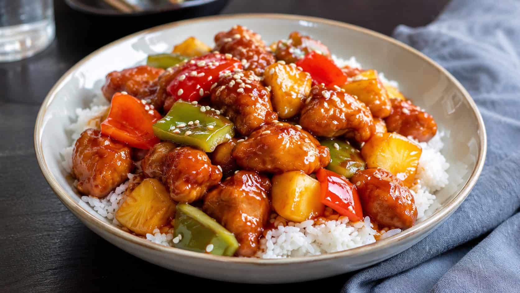 a wide bowl of sweet and sour chicken with crispy glazed chicken pieces, bright bell peppers, and pineapple chunks over white rice, glossy red sauce, sesame seeds on top, on a dark table, natural light, shallow depth of field, landscape orientation