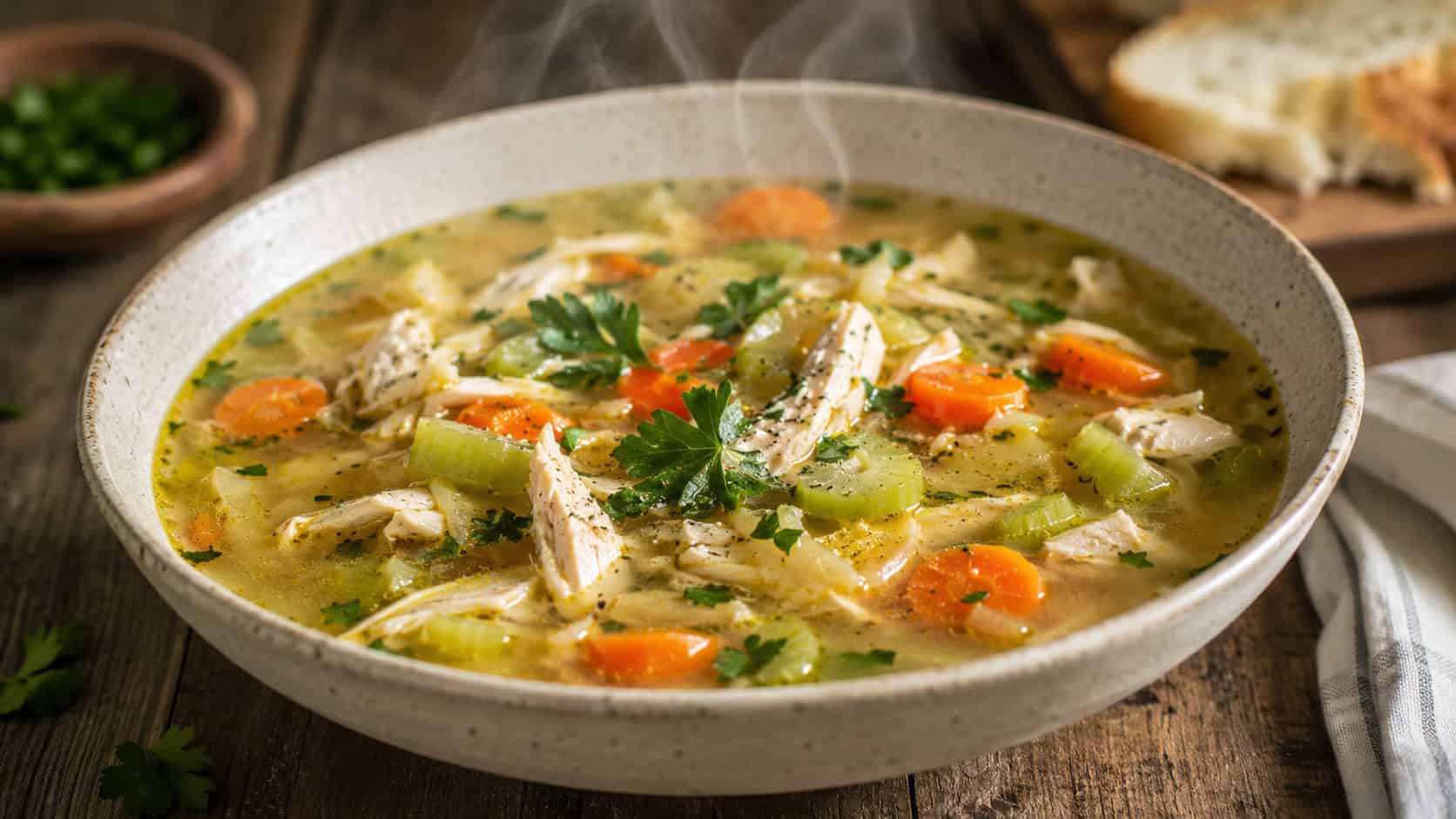 a wide bowl of chicken and vegetable soup with shredded chicken, sliced carrots, celery, and golden broth, fresh parsley floating on top, steam rising, on a rustic wooden table, warm natural light, shallow depth of field, landscape orientation
