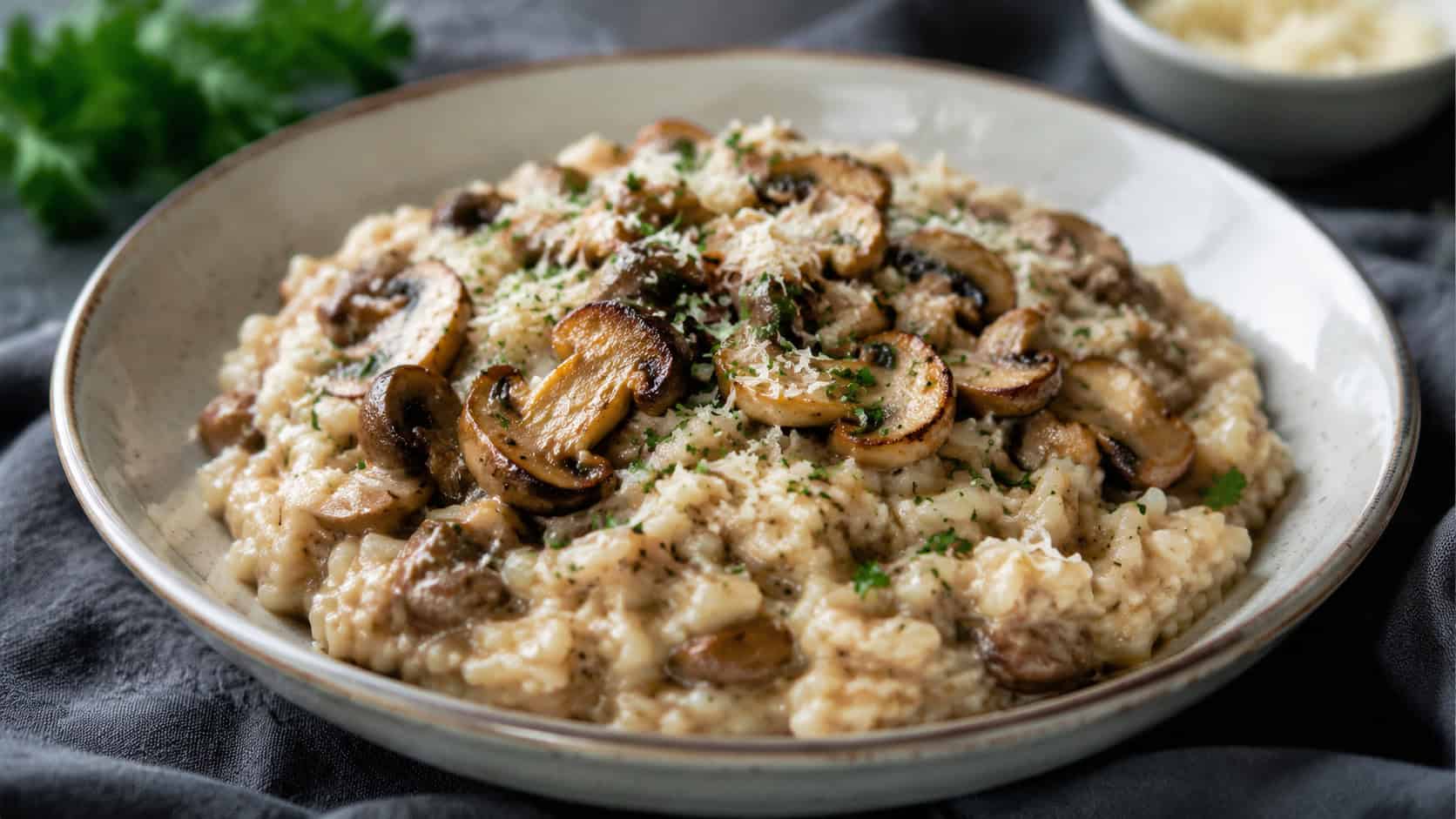a wide shallow bowl of creamy mushroom risotto with golden sautéed mushrooms on top, a dusting of Parmesan and fresh parsley, on a dark linen surface, soft natural light, shallow depth of field, landscape orientation