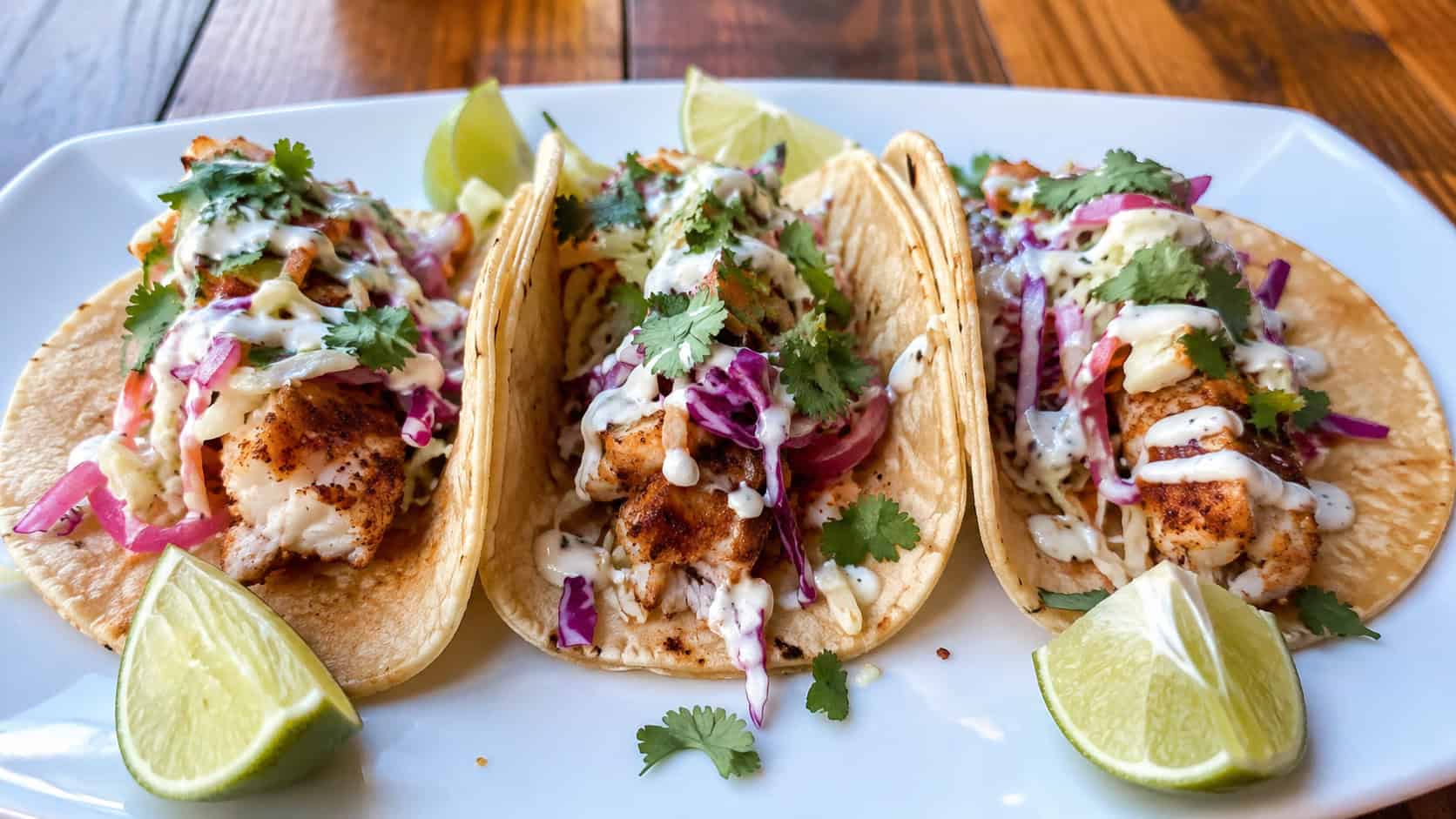 three fish tacos lined up in a wide row on corn tortillas, flaky seasoned fish, crunchy cabbage slaw, drizzled crema, and cilantro, lime wedges scattered around, on a bright plate over a wooden table, natural light, shallow depth of field, landscape orientation