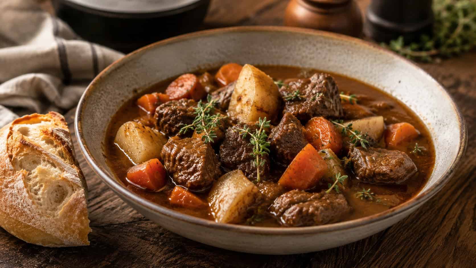 a wide bowl of classic beef stew with tender beef chunks, potatoes, and carrots in a rich brown gravy, fresh thyme on top, a hunk of crusty bread beside it, on a rustic table, warm natural light, shallow depth of field, landscape orientation