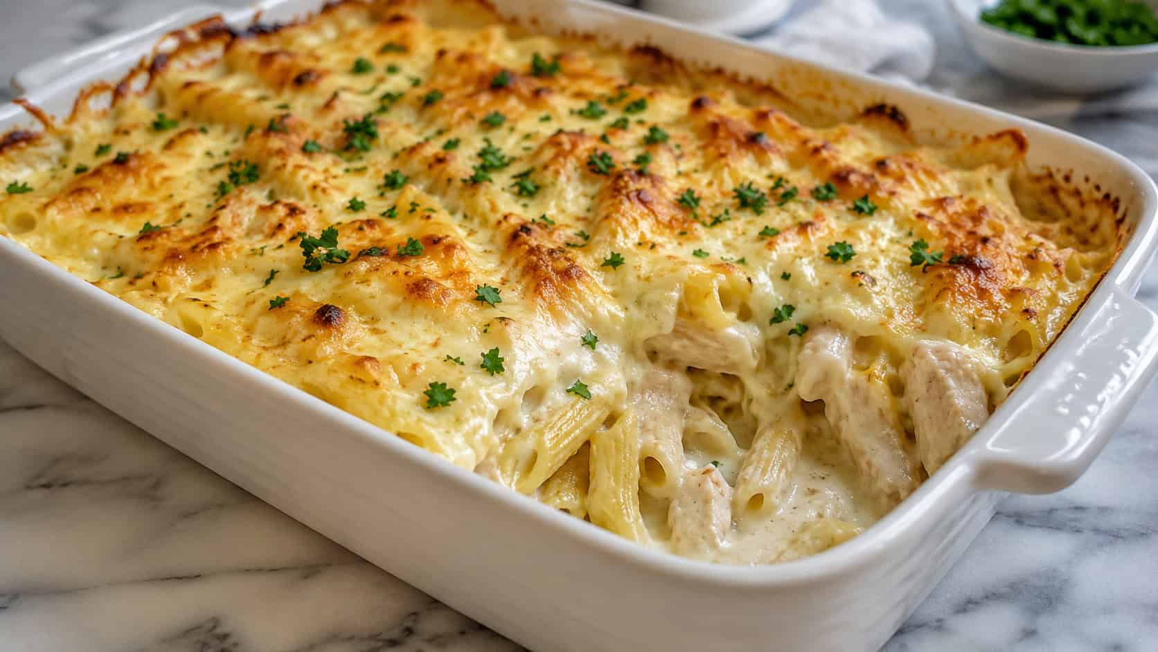 a wide ceramic baking dish of chicken Alfredo bake with golden bubbly melted cheese and a scoop pulled out showing creamy penne, fresh parsley sprinkled on top, on a marble counter, soft natural light, shallow depth of field, landscape orientation
