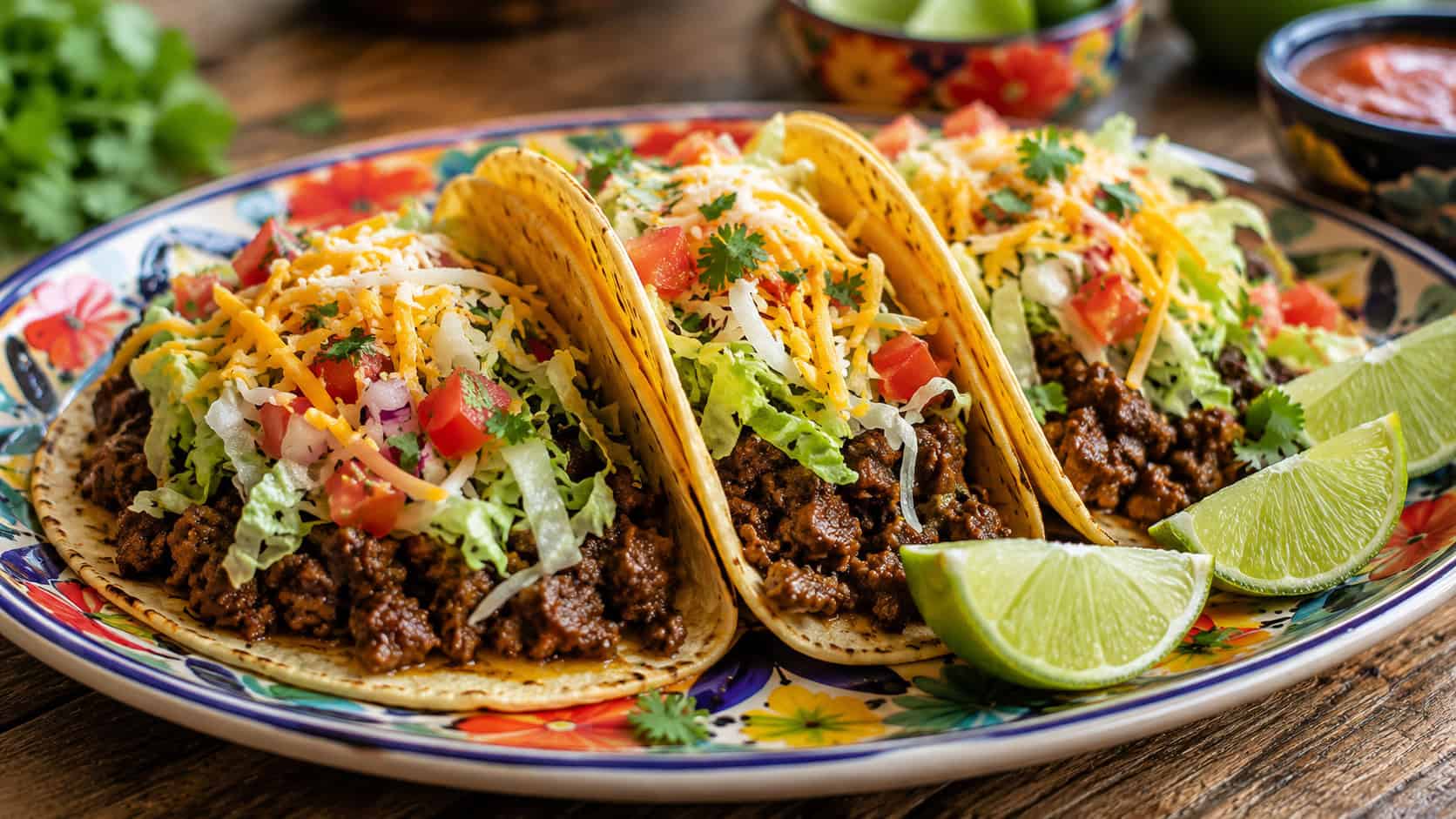 three loaded beef tacos lined up in a wide row, spilling with seasoned meat, shredded cheese, and crisp lettuce, lime wedges scattered beside them, on a colorful plate over a wooden table, bright natural light, shallow depth of field, landscape orientation