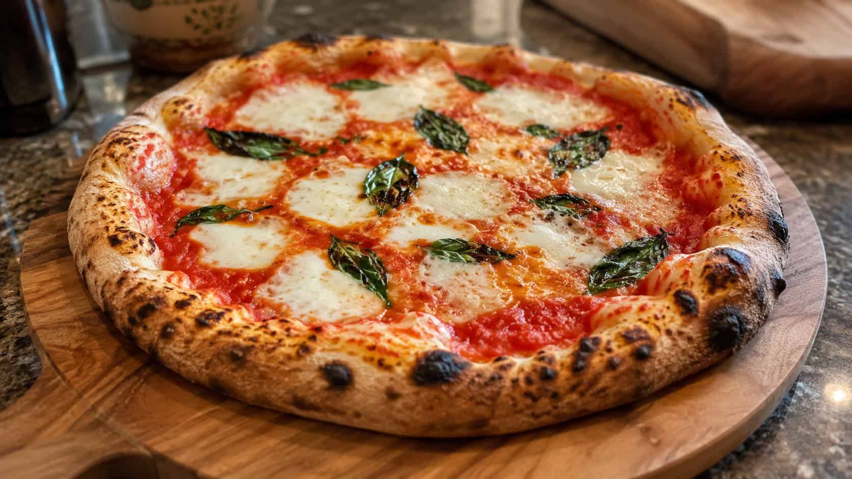 a whole Margherita pizza with a blistered charred crust, melty pools of fresh mozzarella, bright red sauce, and scattered green basil leaves, on a wooden pizza board over a kitchen counter, warm natural light, shallow depth of field, landscape orientation