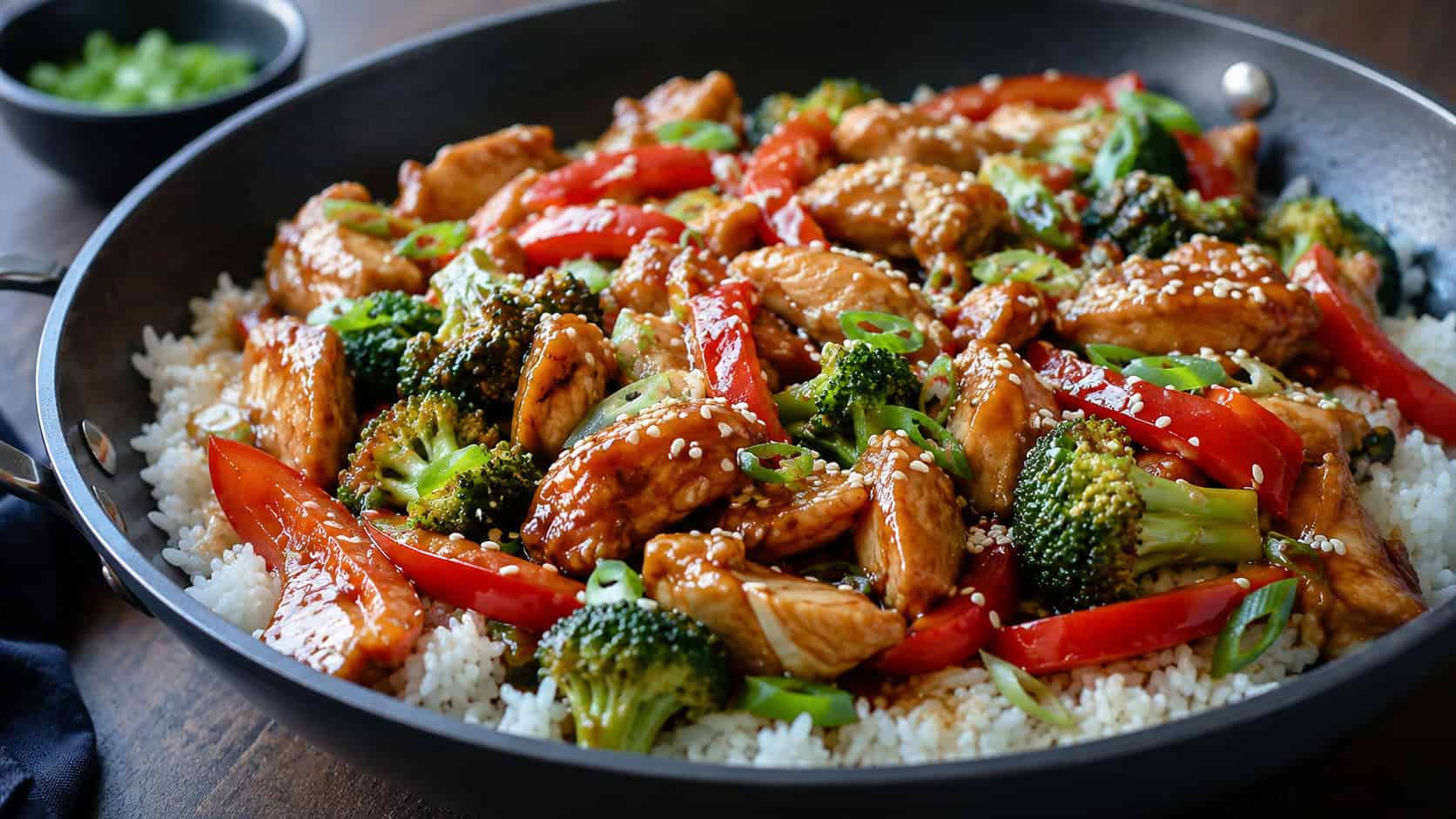 a wide skillet of glossy teriyaki chicken stir-fry with bright red peppers and green broccoli over fluffy white rice, sesame seeds and sliced scallions on top, on a dark table, natural light, shallow depth of field, landscape orientation