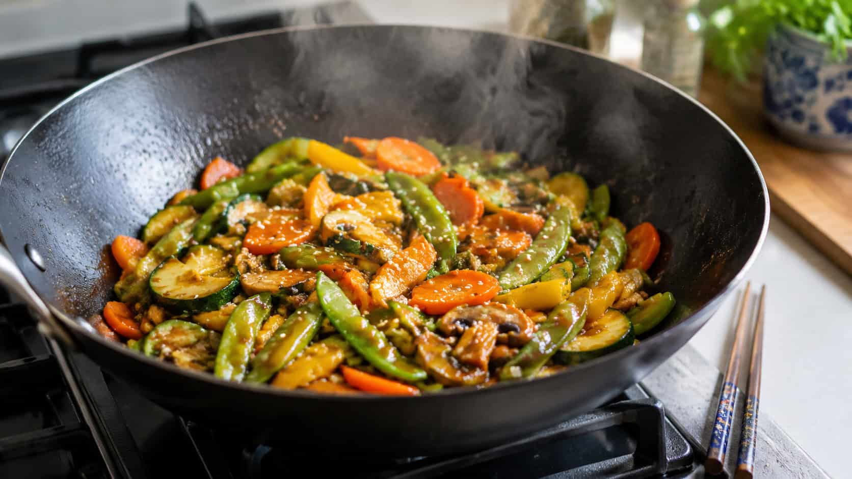a wide wok of colorful vegetable stir-fry with glossy snap peas, carrots, zucchini, and mushrooms, sesame seeds sprinkled over, steam rising, on a stovetop with chopsticks resting beside, natural light, shallow depth of field, landscape orientation