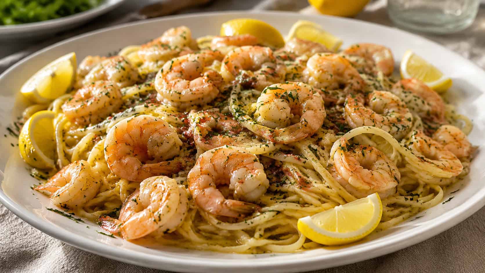 a wide platter of shrimp scampi over linguine, glossy garlic butter sauce, plump pink shrimp, fresh parsley and lemon wedges scattered around, on a white plate over a linen tablecloth, bright natural light, shallow depth of field, landscape orientation