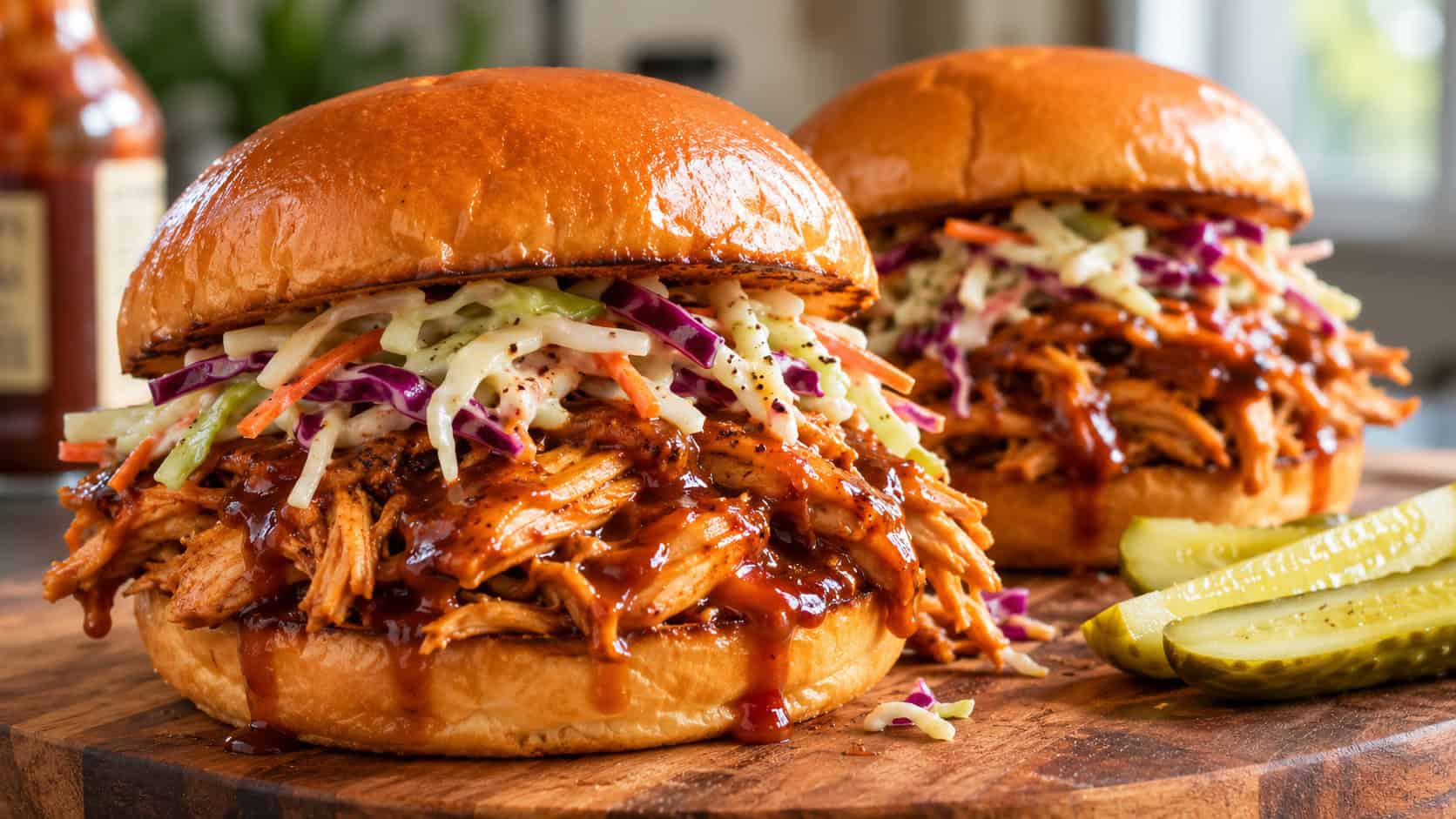 two BBQ chicken sandwiches on toasted brioche buns overflowing with saucy shredded chicken and crunchy slaw, on a wide wooden board with pickle spears beside, warm natural light, shallow depth of field, landscape orientation