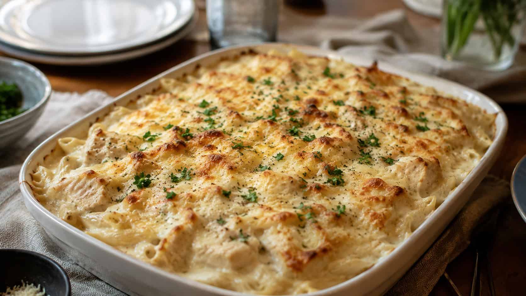 a bubbling chicken alfredo pasta bake with a golden cheese crust in a wide baking dish garnished with parsley, in a wide horizontal shot, on a cozy dinner table, natural light, shallow depth of field, landscape orientation