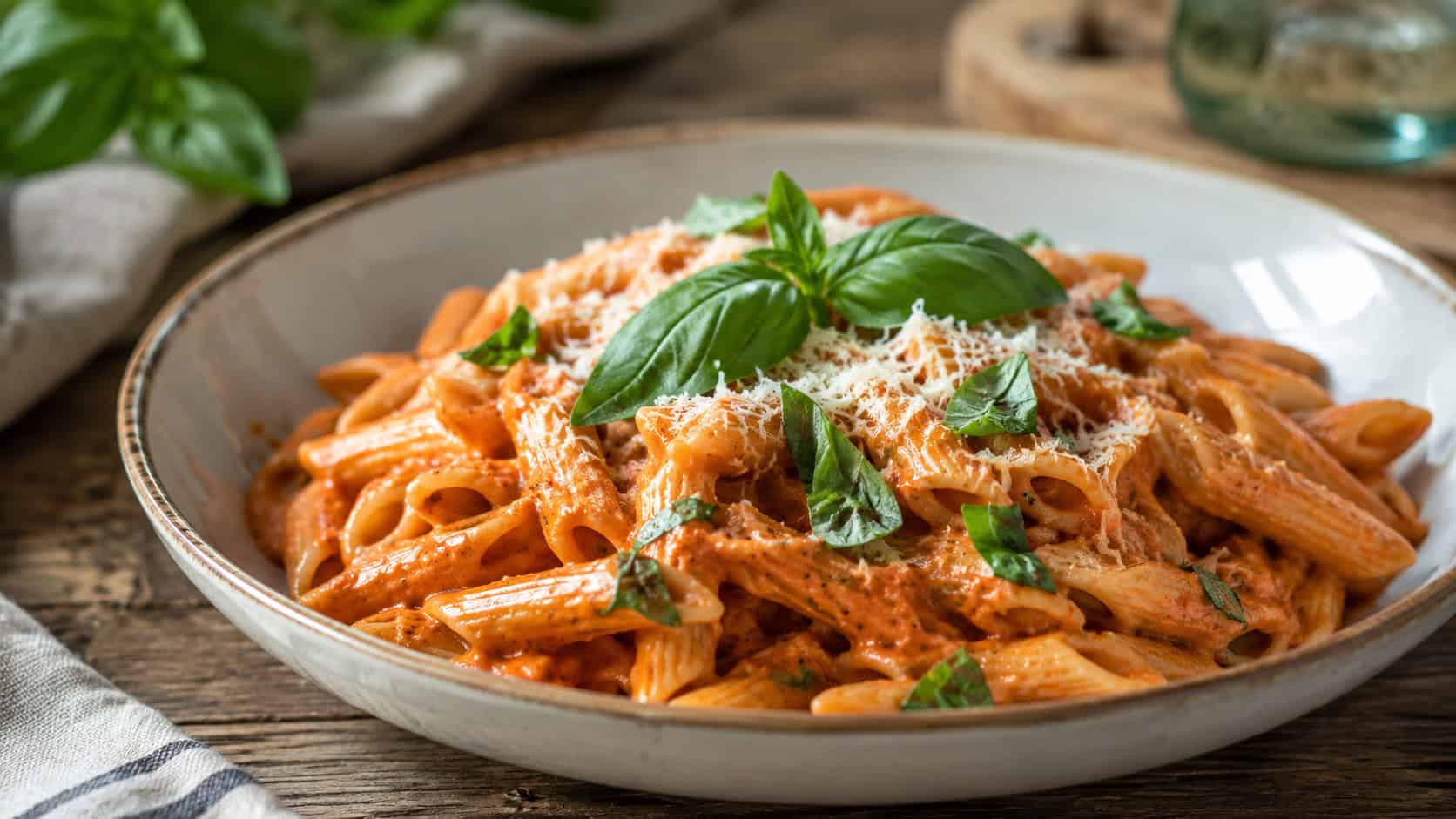 creamy tomato basil penne pasta in a wide bowl topped with fresh basil and parmesan, in a wide horizontal shot, on a rustic table, natural light, shallow depth of field, landscape orientation