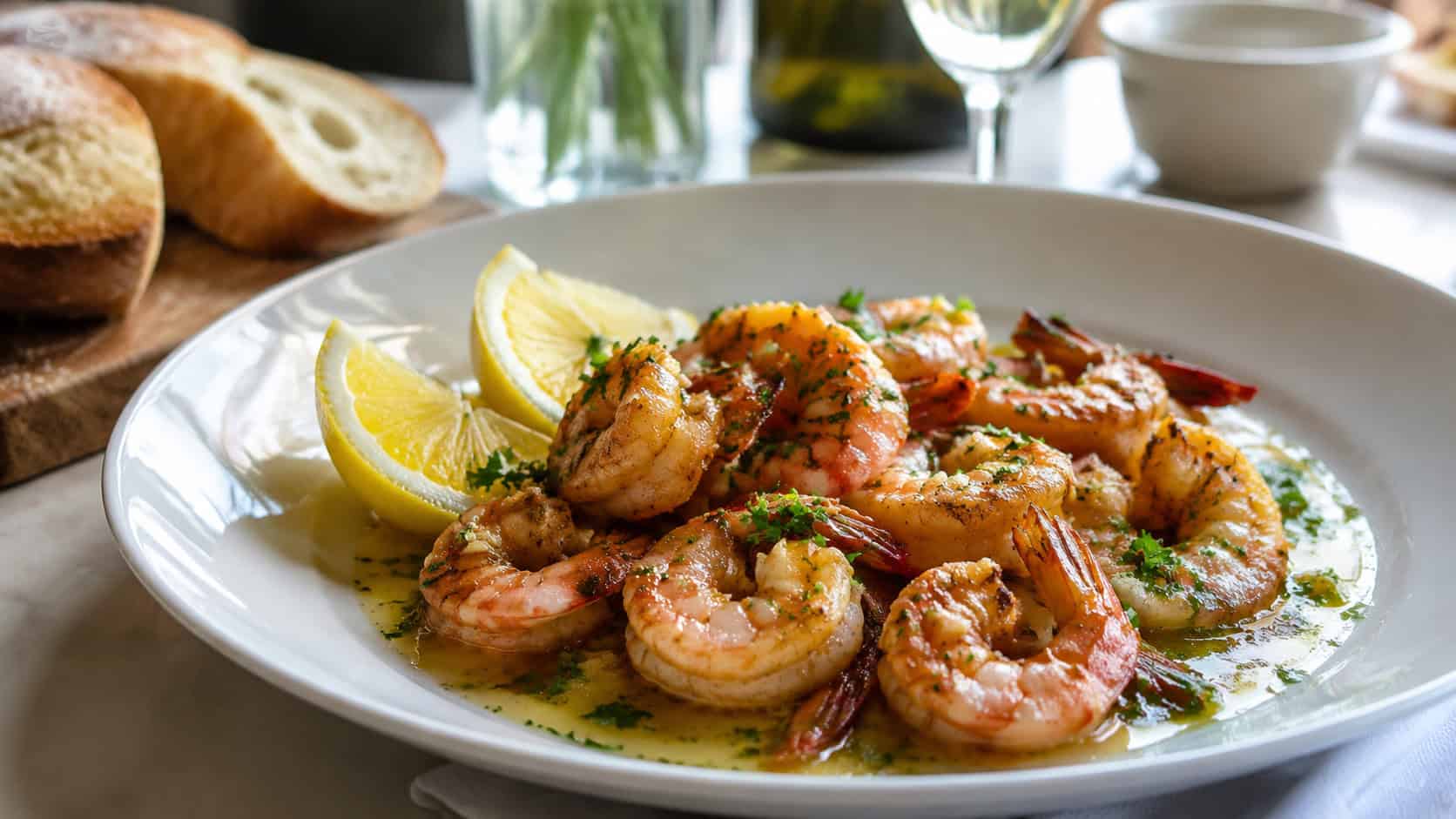 garlic butter shrimp glistening in sauce on a wide plate garnished with lemon and parsley, in a wide horizontal shot, on an elegant table with crusty bread, natural light, shallow depth of field, landscape orientation
