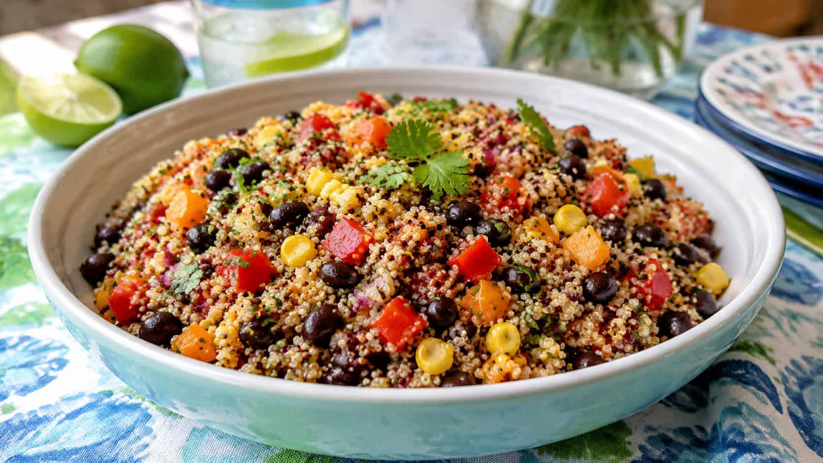 a colorful quinoa and black bean salad with corn, peppers, and cilantro in a wide serving bowl, in a wide horizontal shot, on a bright summer table, natural light, shallow depth of field, landscape orientation
