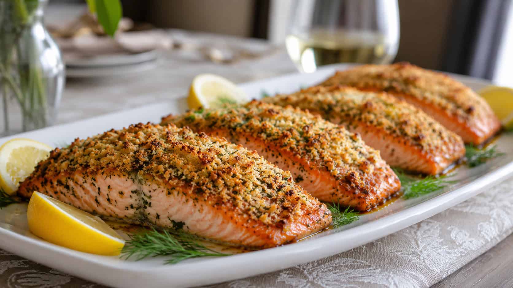 herb-crusted salmon fillets with a golden breadcrumb topping on a wide platter with lemon wedges, in a wide horizontal shot, on an elegant table setting, natural light, shallow depth of field, landscape orientation