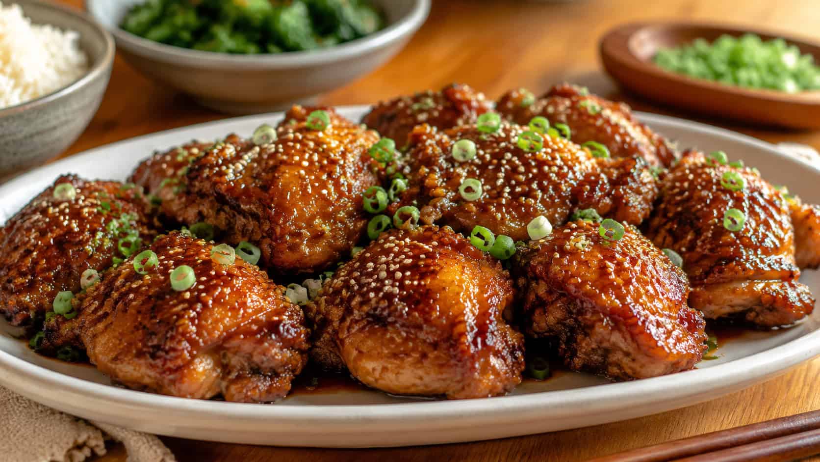 glossy honey garlic chicken thighs with caramelized glaze on a wide platter garnished with sesame seeds and scallions, in a wide horizontal shot, on a warm dinner table, natural light, shallow depth of field, landscape orientation