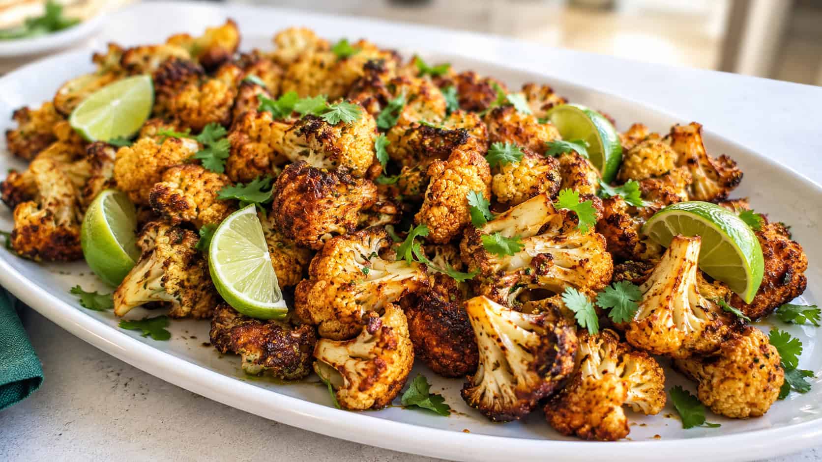 charred chili lime roasted cauliflower florets garnished with cilantro and lime wedges on a wide platter, in a wide horizontal shot, on a bright table, natural light, shallow depth of field, landscape orientation